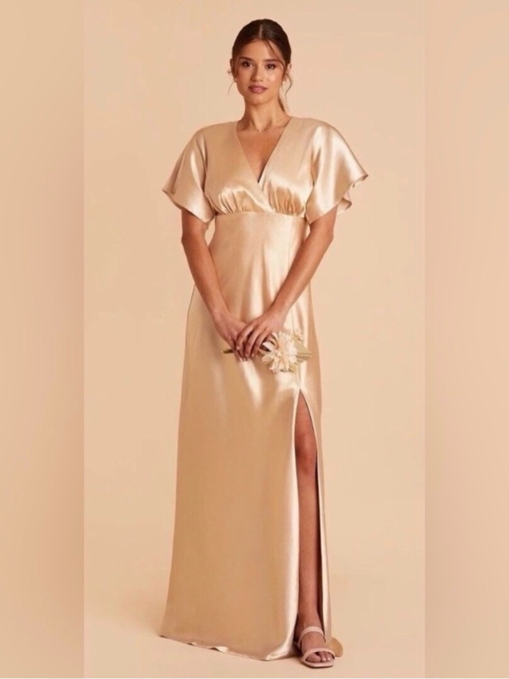 Birdy Grey Champagne Gold Satin V-Neck Maxi Dress with Side Slit Size S